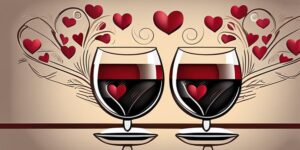 Dos copas de vino derramando corazones y palabras de amor