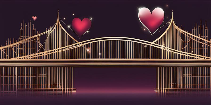 Dos corazones conectados por un puente, con palabras luminosas