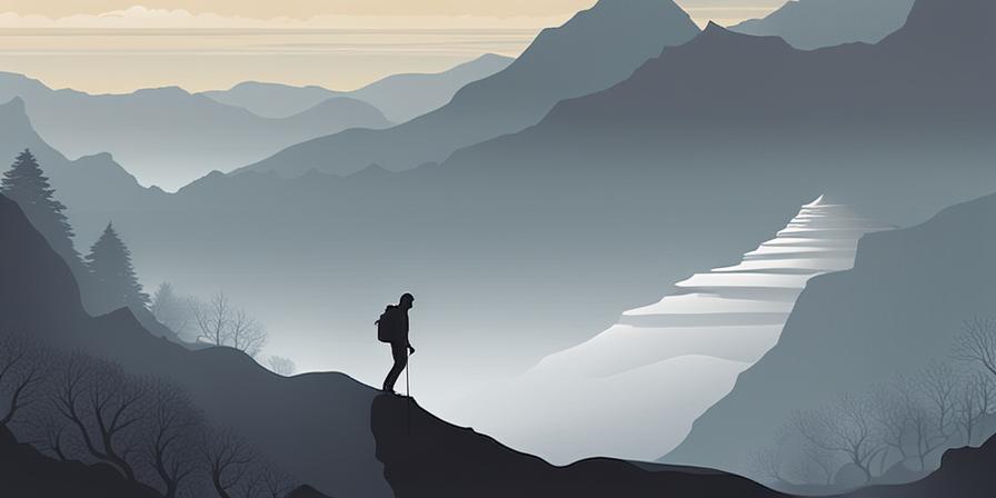Persona escalando una montaña en medio de la niebla, alcanzando la cima
