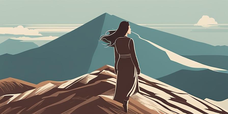 Mujer escalando montaña empinada bajo cielo dramático