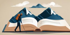 Persona caminando hacia la cima de una montaña con un libro abierto