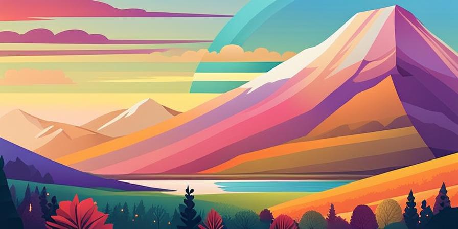 Paisaje colorido con arco iris y montaña inspiradora