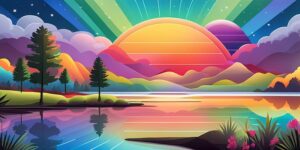 Paisaje sereno con arco iris brillante y frases motivadoras