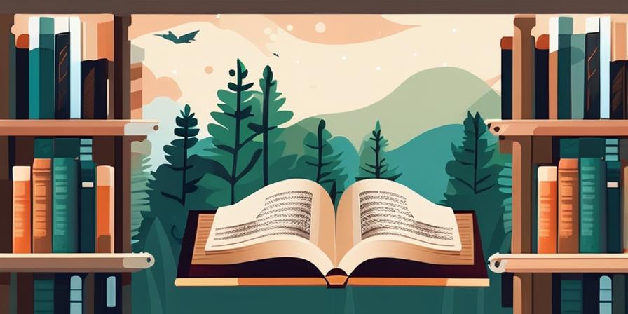 Bosque mágico con poemas fluyendo de libros abiertos
