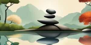 Piedras equilibradas formando palabras en jardín zen sereno