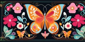 Imagen con letras en negrita que dicen 'Plenitud y Gratitud' rodeadas de mariposas y flores coloridas