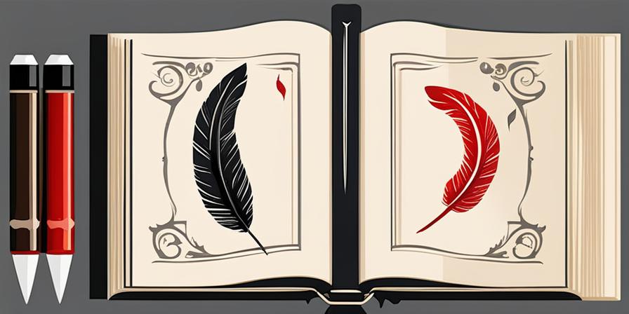 Pluma roja escribiendo en libro antiguo