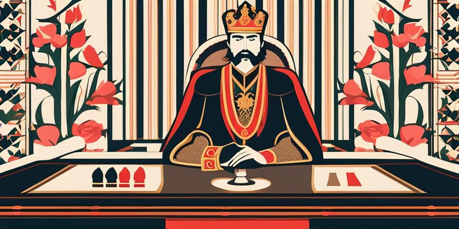Rey coronado rodeado de peones en un tablero de ajedrez